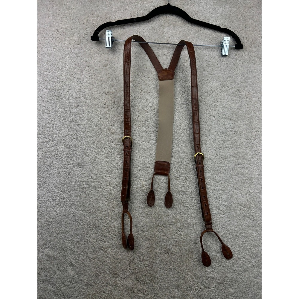 Brown Leather Suspenders Crocodile Embossed Y Back Button Loop Gold Tone
